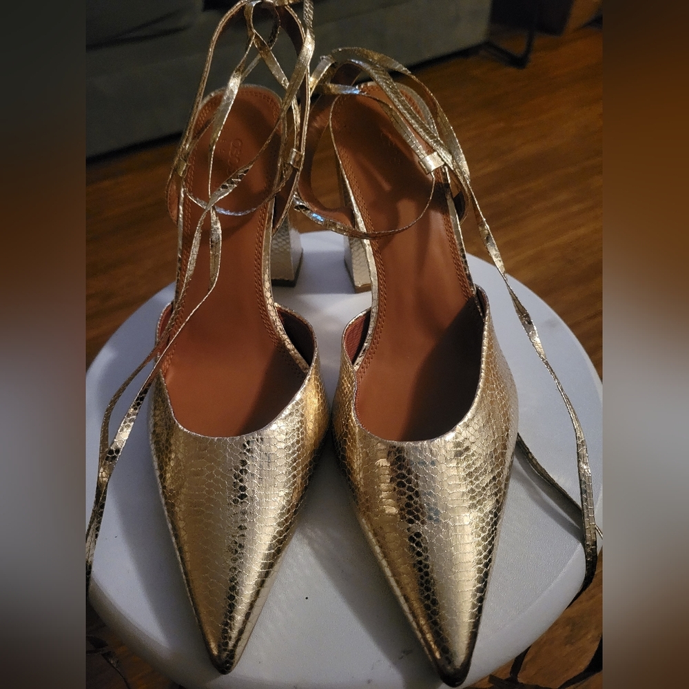 ASOS Gold Snake Skin Block Heel Strap